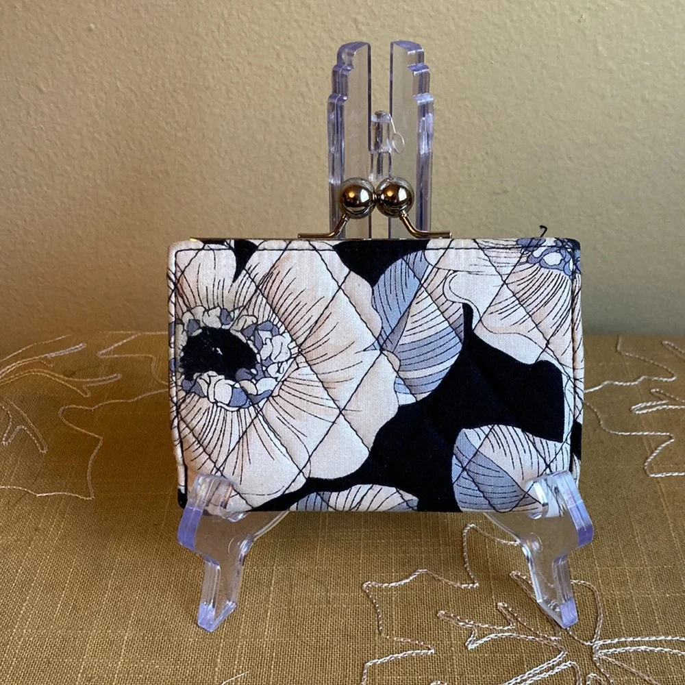 Vera Bradley Black Ivory Floral Kiss‑Lock Wallet | Preloved Quilted Fabric